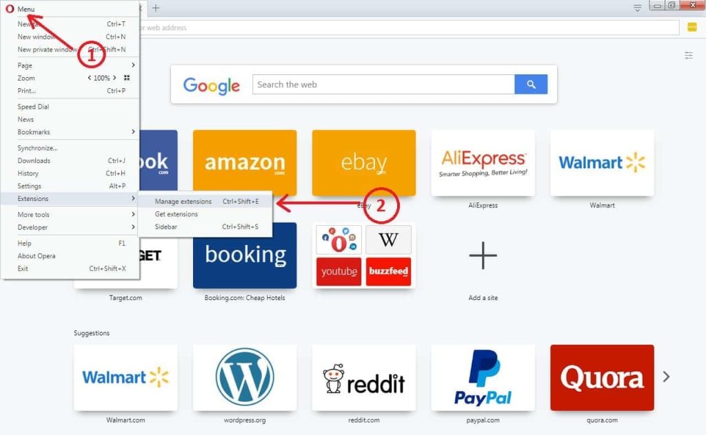 Opera Browser Menu Extensions Manager