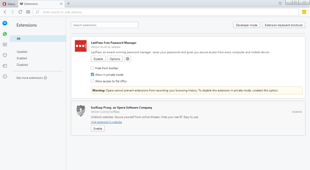 Opera Extensions Manager Page